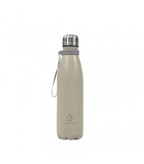 Botella de acero inoxidable Olmitos de 500ml, color arena mate, con tapón de rosca plateado y una práctica asa de transporte.