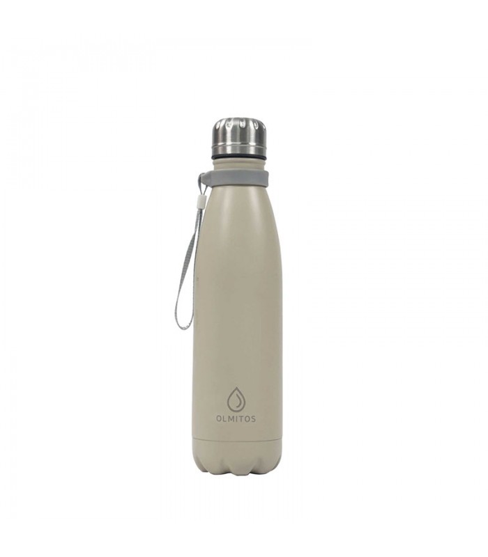 Botella de acero inoxidable Olmitos de 500ml, color arena mate, con tapón de rosca plateado y una práctica asa de transporte.
