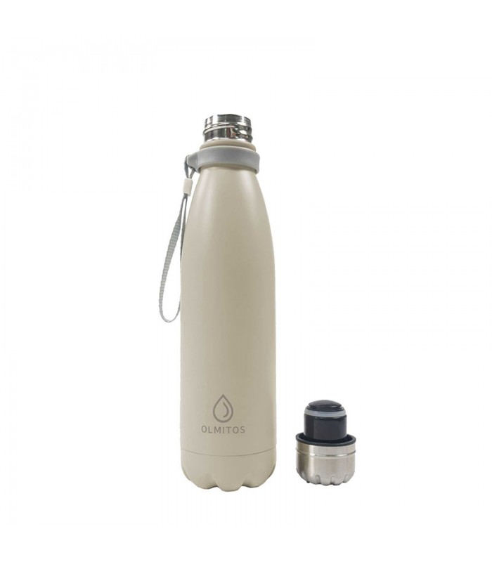 Botella de acero inoxidable Olmitos de 500 ml color beige mate, con tapón plateado desenroscado y una cinta de agarre gris.