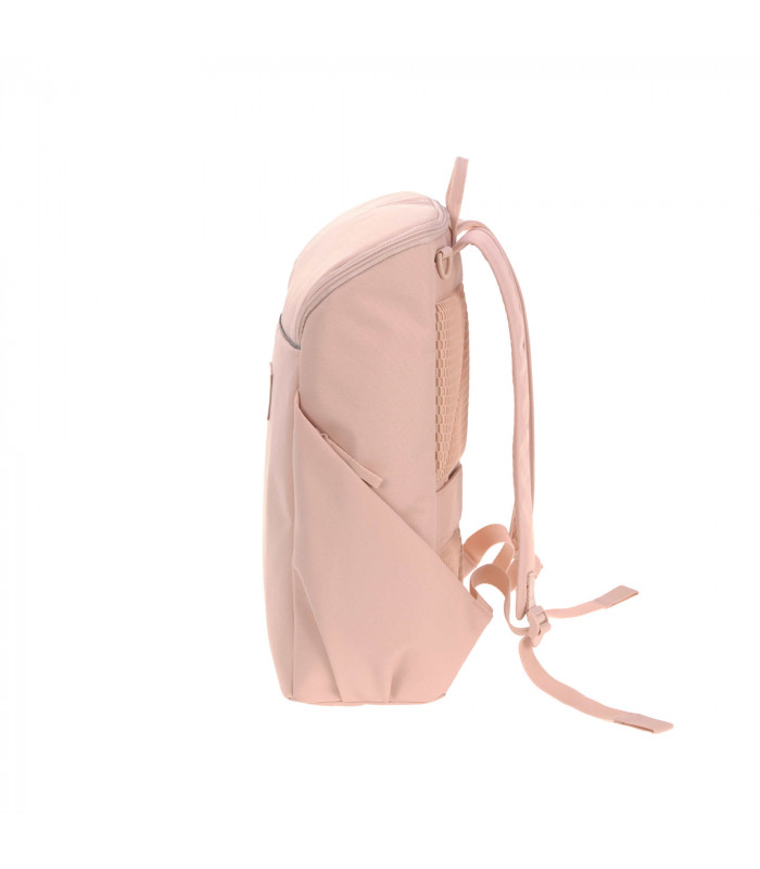 Mochila Slender Lässig color rosa pastel vista de lado, con diseño minimalista y correas acolchadas ajustables.