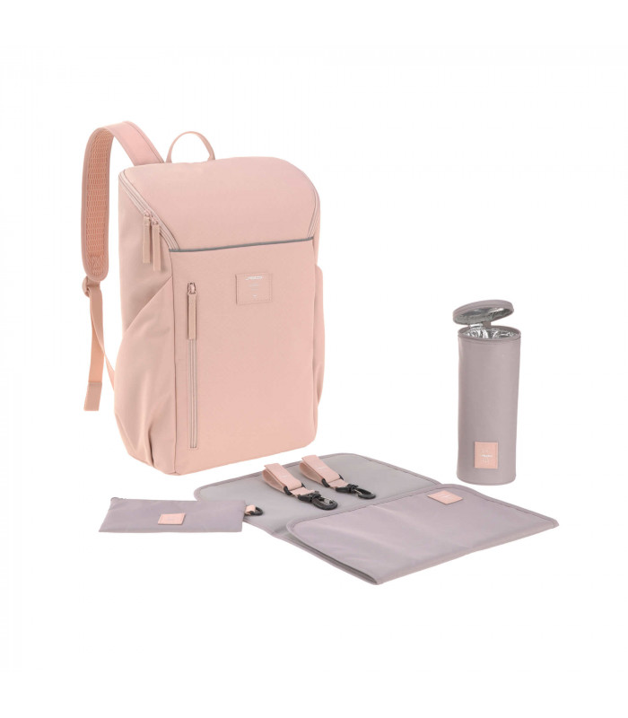 Mochila Slender Lässig rosa palo de diseño rectangular con cambiador, neceser y portabiberón a juego.