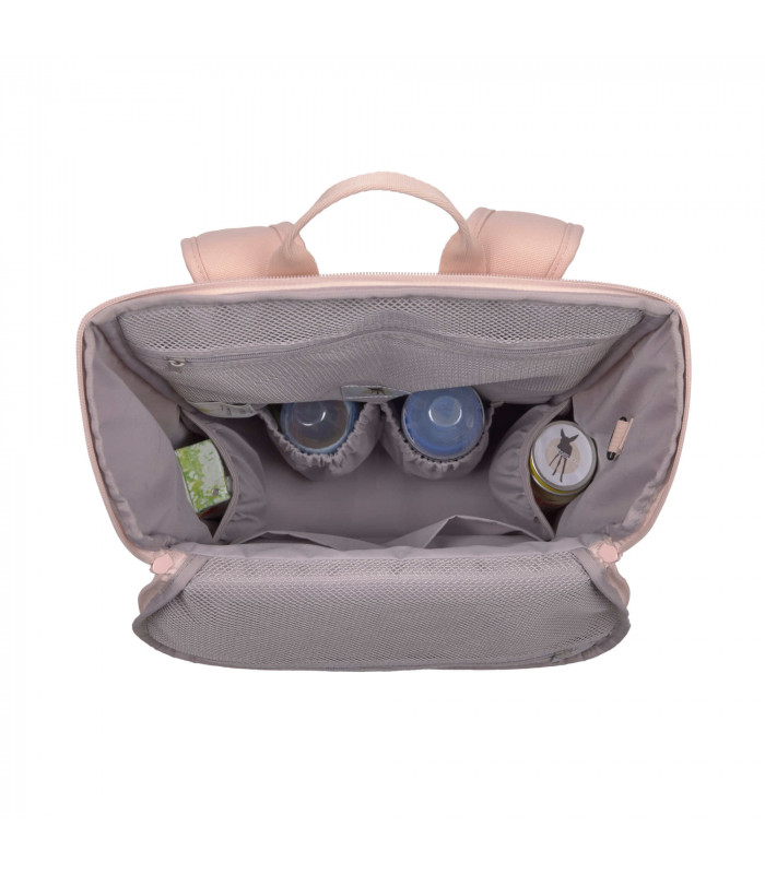 Interior gris de la mochila rosa Slender Lässig con múltiples compartimentos organizadores para biberones y accesorios.