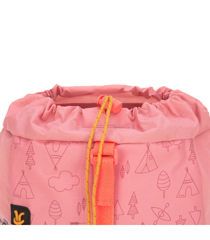 Mochila mini Lässig rosa con dibujos de naturaleza, cierre de cordón ajustable y hebilla en color naranja.