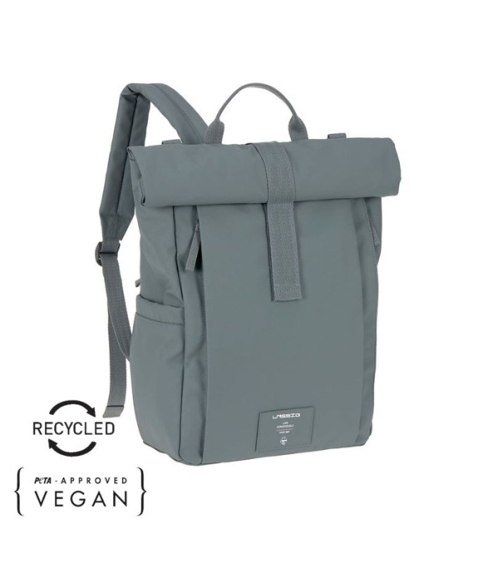 Mochila Lässig gris de diseño rolltop con cierre de tira, correas acolchadas y materiales reciclados veganos.