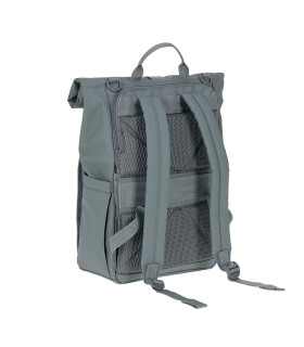 Mochila Lässig gris de diseño rolltop con correas ajustables, asa superior y panel trasero acolchado con tejido de malla.