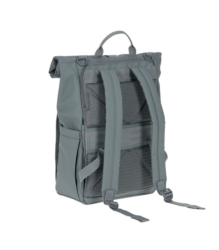 Mochila Lässig gris de diseño rolltop con correas ajustables, asa superior y panel trasero acolchado con tejido de malla.