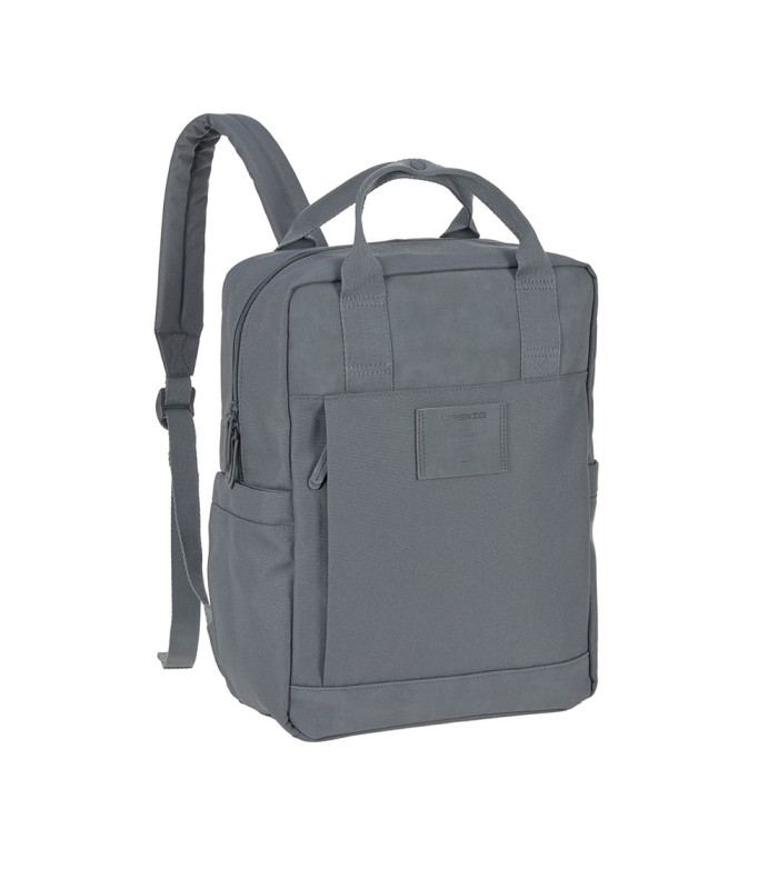 Mochila de pañales Vividal Lässig gris, de diseño rectangular con bolsillos frontales y correas acolchadas.