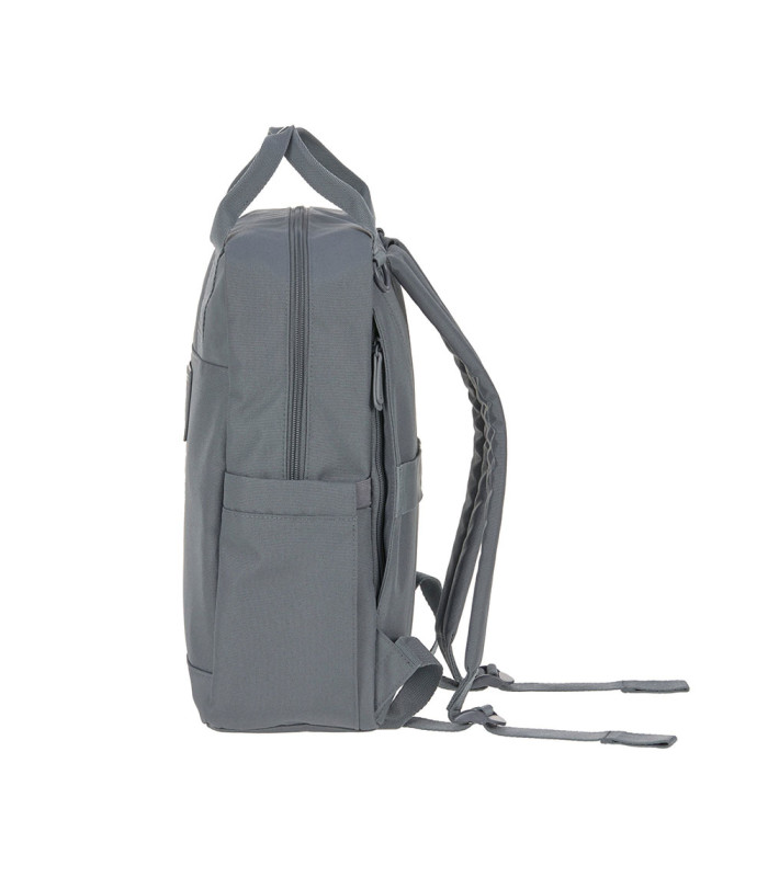 Mochila de pañales Vividal Lässig gris de perfil, con diseño rectangular, asas superiores y correas ajustables.