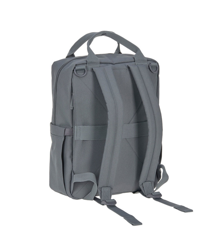 Mochila de pañales Vividal Lässig gris de diseño rectangular con correas acolchadas y asa superior reforzada.