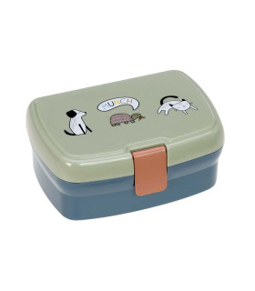 Fiambrera Lässig azul con tapa verde oliva, dibujos de animales y un práctico cierre de seguridad color naranja.
