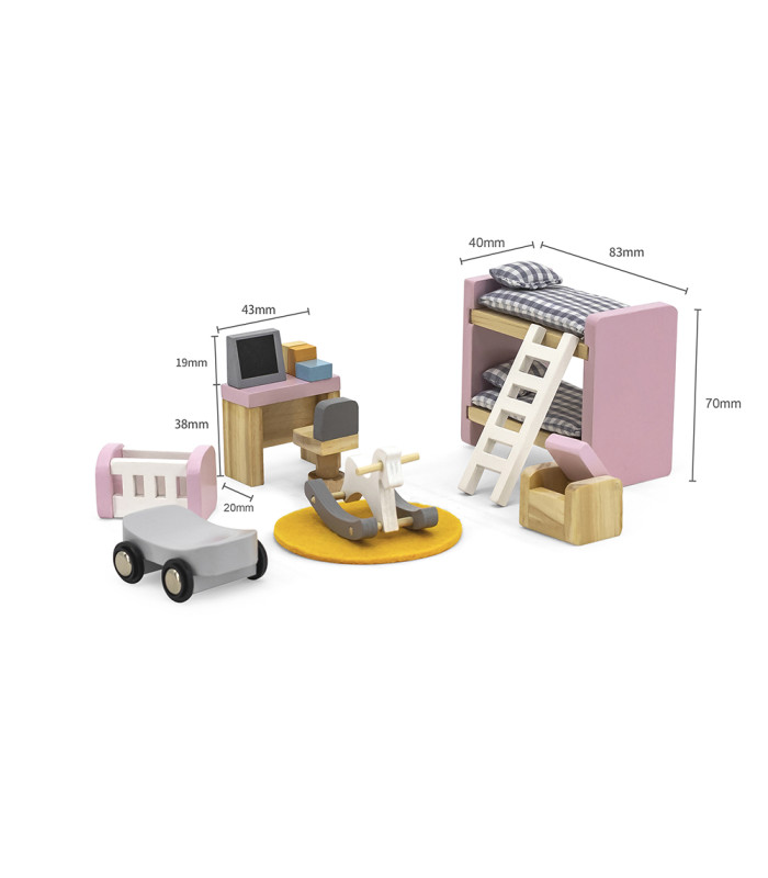 Dormitorio infantil casa madera PolarB | Litera rosa y cuna