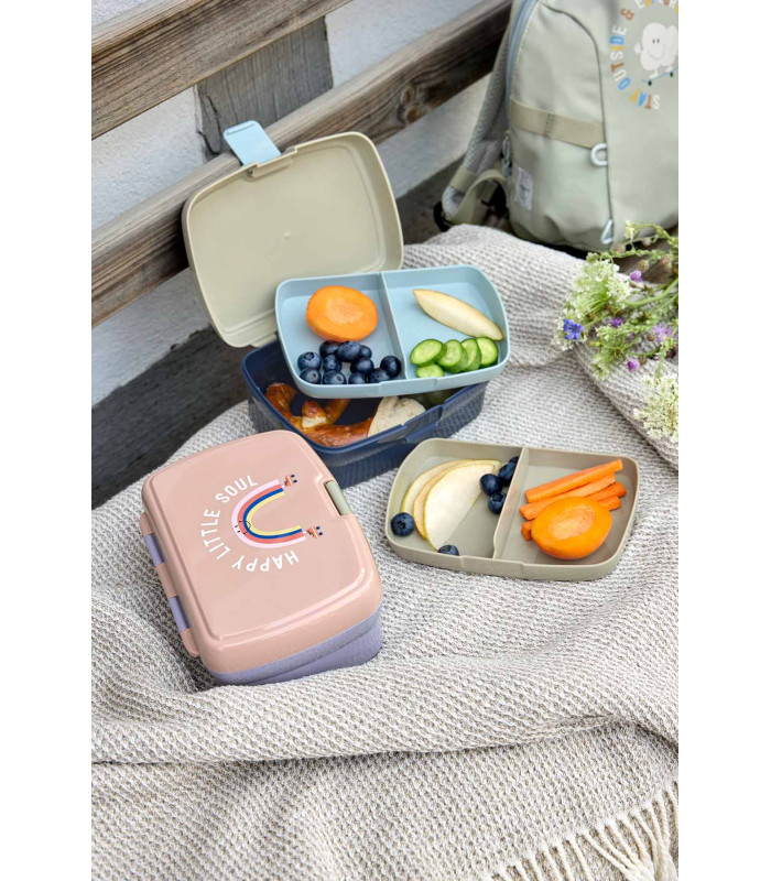 Fiambreras Adventure Lässig en tonos rosa y azul con compartimentos extraíbles, ideales para llevar fruta y meriendas.