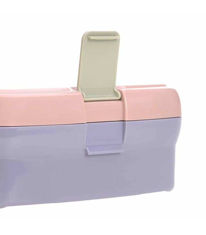 Fiambrera rectangular de plástico con base lila, tapa rosa y un resistente cierre de clip en color crema.