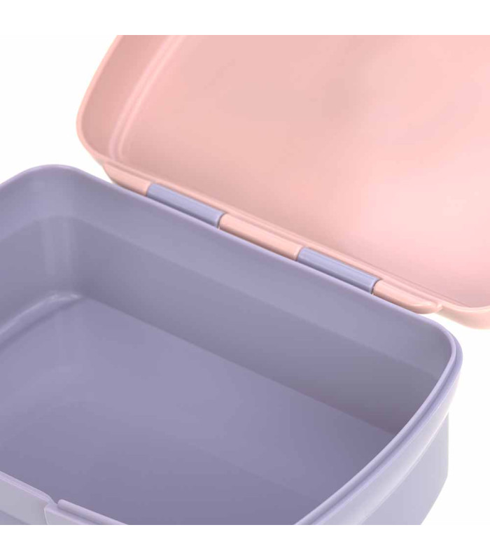 Fiambrera rectangular Lässig Adventure de plástico color lavanda con tapa rosa pastel abierta y bordes suaves redondeados.