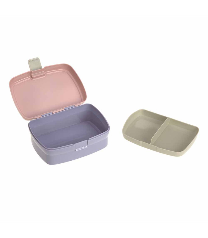 Fiambrera Lässig Adventure de plástico lila con tapa rosa abierta y una bandeja divisoria gris al lado.