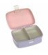 Fiambrera Lässig Adventure de plástico lila con tapa rosa abierta, revelando dos compartimentos interiores beige.