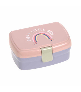 Fiambrera rectangular Lässig de plástico rosa y lila con cierre metálico y diseño de arcoíris en la tapa.