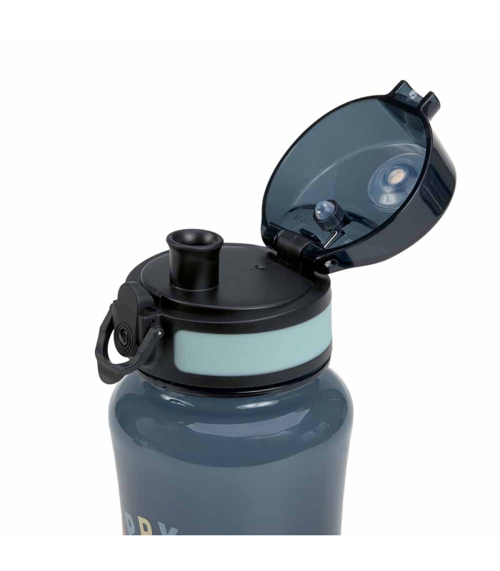 Botella Tiny Lässig de 420 ml azul oscuro con tapa negra abierta, boquilla y detalle circular en color menta.