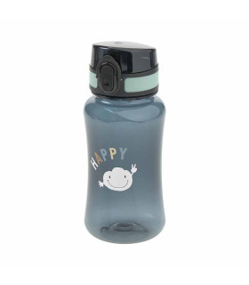 Botella Tiny de 420 ml en plástico gris translúcido, con tapón negro y verde. Luce un dibujo infantil y la palabra Happy.