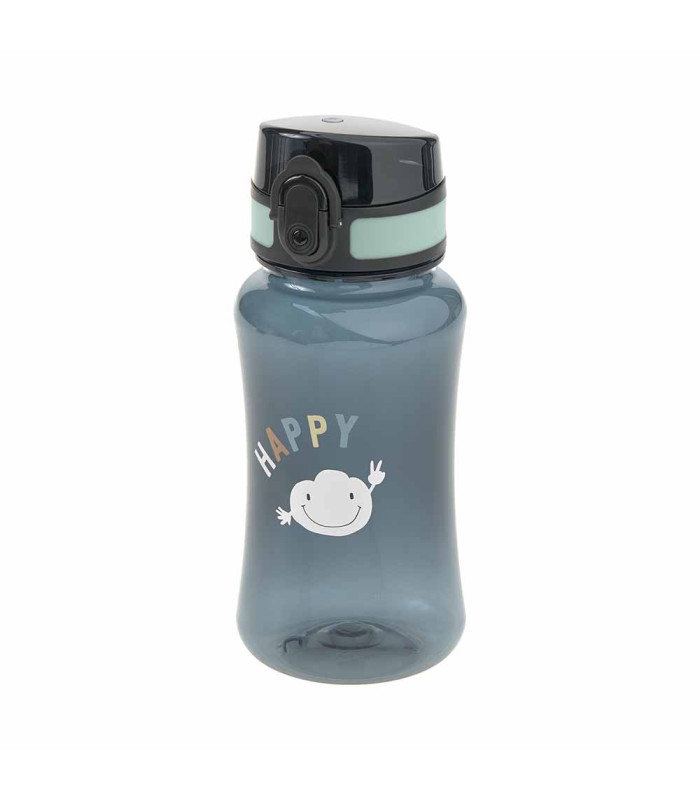 Botella Tiny de 420 ml en plástico gris translúcido, con tapón negro y verde. Luce un dibujo infantil y la palabra Happy.