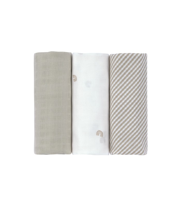 Pack 3 muselinas algodón 80x80 cm. Lässig | Arcoíris bordado