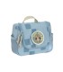 Neceser Lässig azul con estampado de cuadros, asa superior y un parche circular con un perrito. Tiene bolsillos de malla.