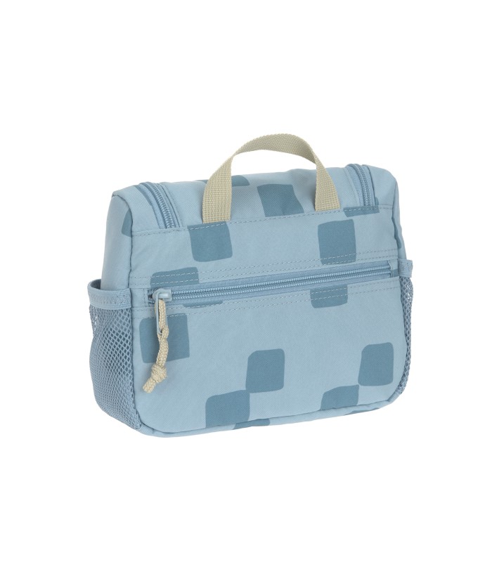 Mini neceser Lässig azul con estampado de cuadros, asa superior beige, cremallera frontal y bolsillo lateral.