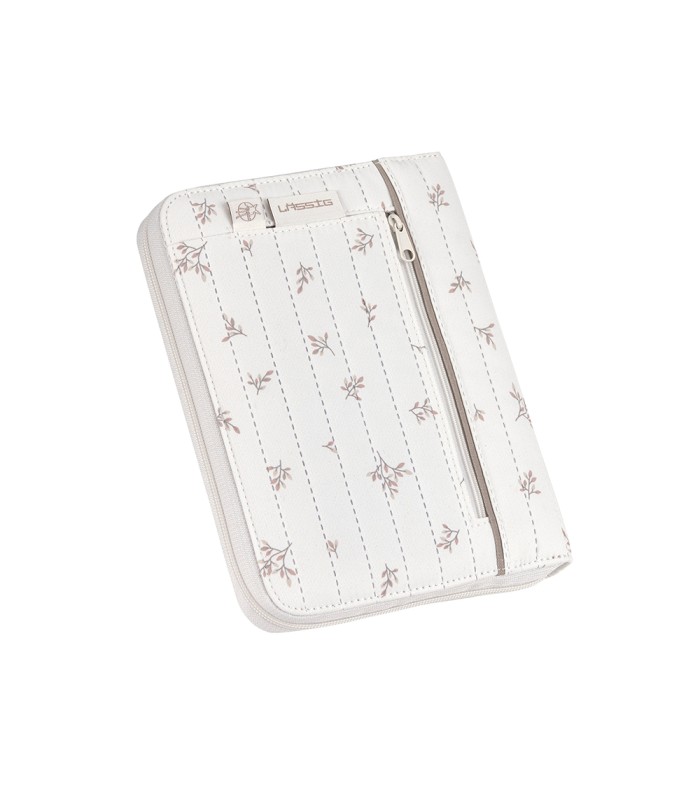 Portadocumentos Lässig blanco con estampado de pequeñas estrellas grises, forma rectangular y cierre de cremallera.