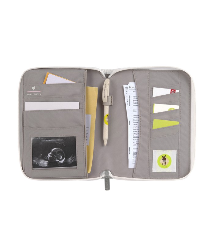 Portadocumentos Lässig de tela gris abierto con múltiples bolsillos para tarjetas, papeles y un soporte central para bolígrafo.