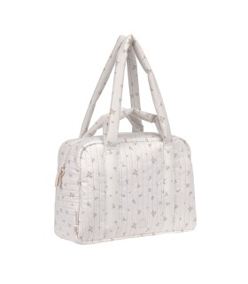 Bolso de maternidad Nalea de Lässig, rectangular en color blanco con dulce estampado y cómodas asas dobles.