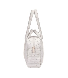 Bolso Nalea de Lässig blanco con estampado discreto, diseño rectangular acolchado y asas dobles para hombro y mano.