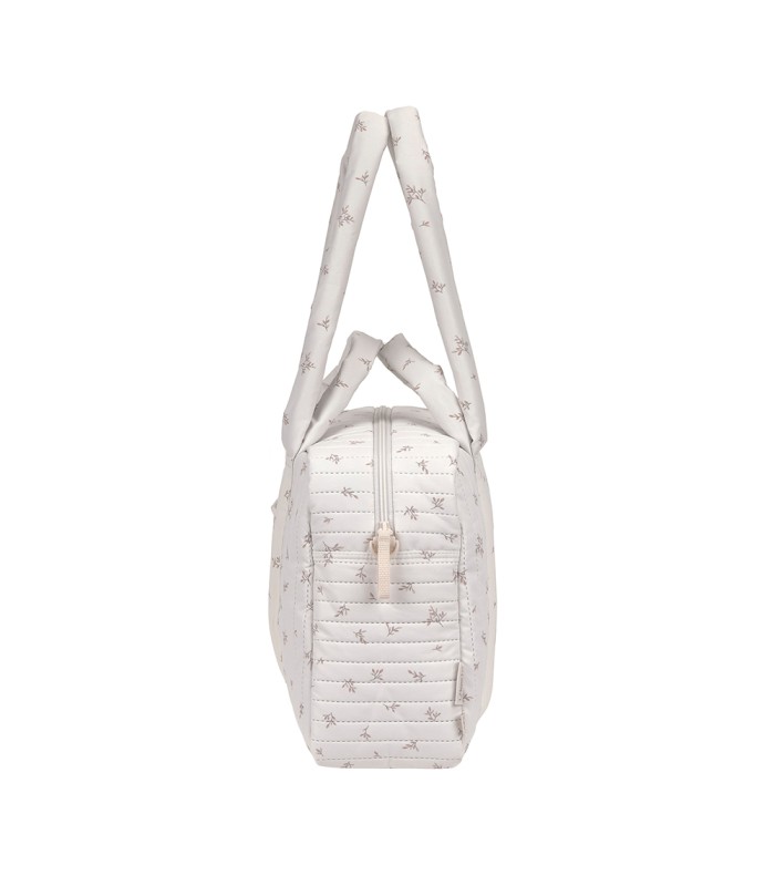 Bolso Nalea de Lässig blanco con estampado discreto, diseño rectangular acolchado y asas dobles para hombro y mano.