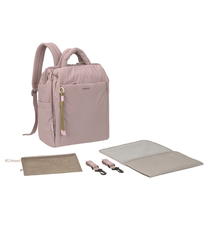 Mochila maternal Minoa rosa palo acolchada. Incluye cambiador, neceser y ganchos para el cochecito de bebé.