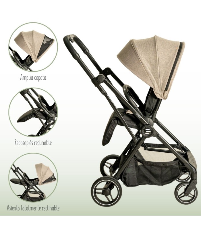 Silla de paseo Eolia Niu negra con capota beige, chasis ligero y cesta inferior. Muestra detalles de su plegado y ajustes.