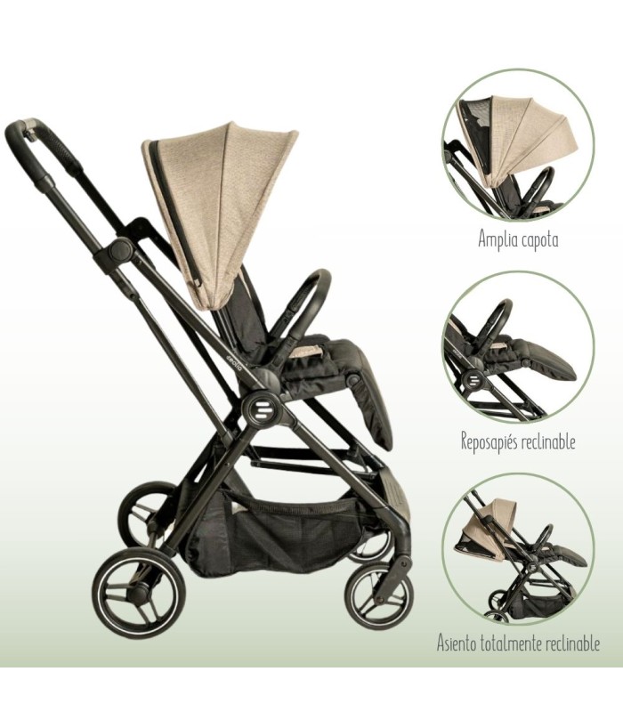 Silla de paseo Eolia Niu negra con capota arena, chasis ligero, cesta inferior y respaldo totalmente reclinable.