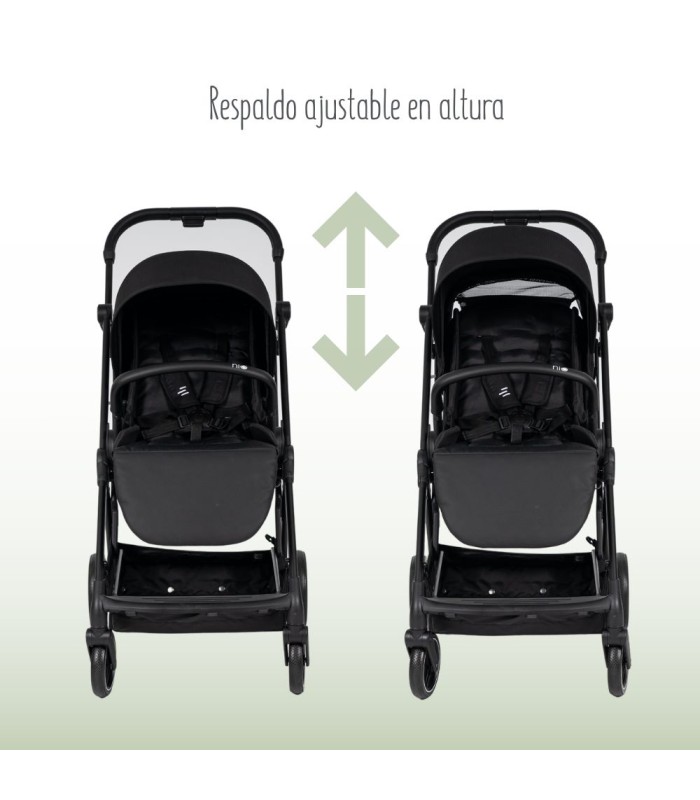 Silla Eolia Niu de color negro con respaldo regulable en altura para adaptarse al crecimiento del bebé.