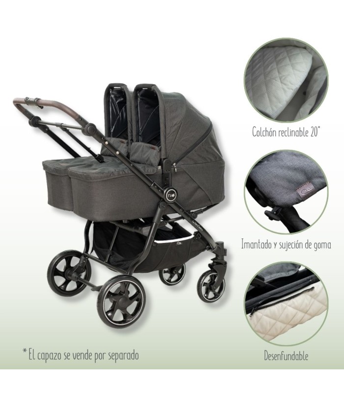 Capazo gemelar VentTwin+ Niu en color gris oscuro con chasis negro, capotas extensibles y tejido de bambú transpirable.