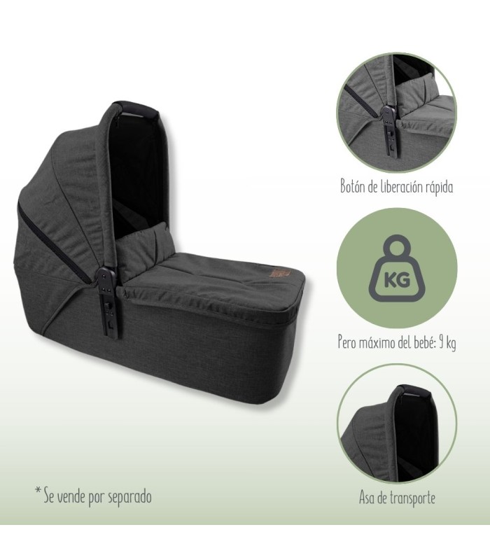 Capazo gemelar VentTwin+ Niu gris oscuro con capota, tejido acolchado y detalles de su ligereza y plegado compacto.