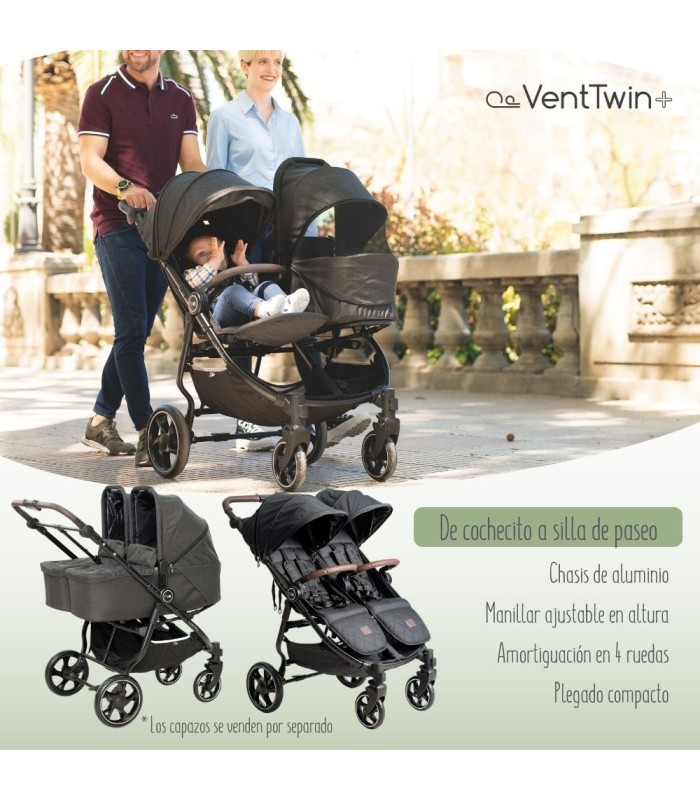 Silla gemelar VentTwin+ de Niu en color negro, con chasis de aluminio ligero y diseño compacto para dos bebés.