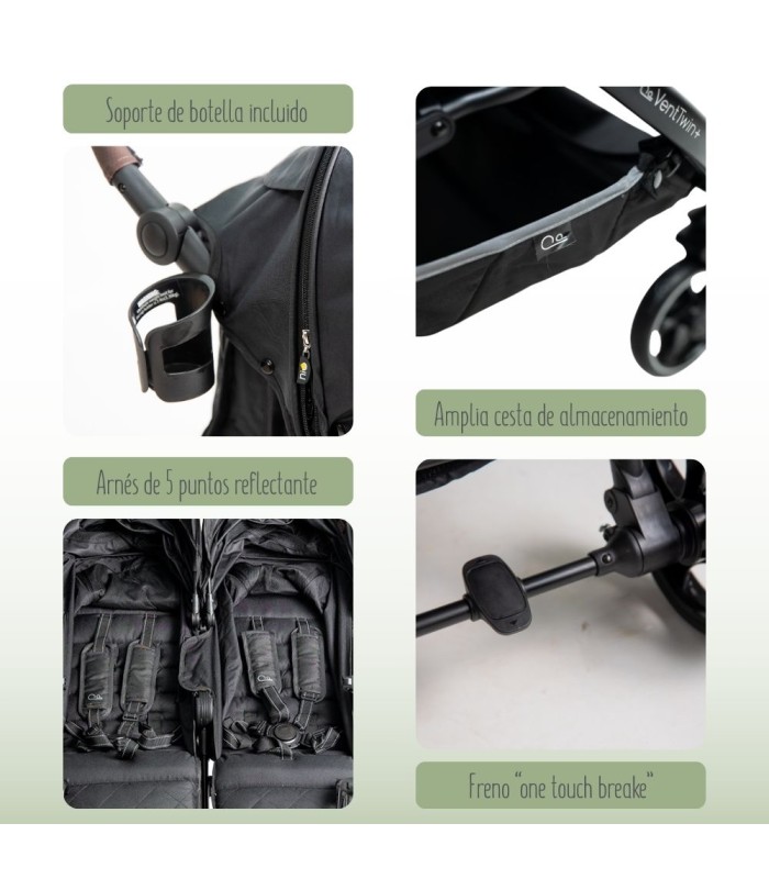 Silla gemelar VentTwin+ negra con posavasos, cesta grande, asientos acolchados y freno de pie para mayor seguridad.
