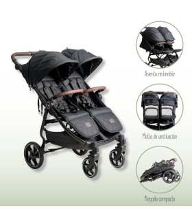 Silla gemelar VentTwin + Niu negra con manillar marrón, asientos reclinables, ventanas de ventilación y plegado compacto.