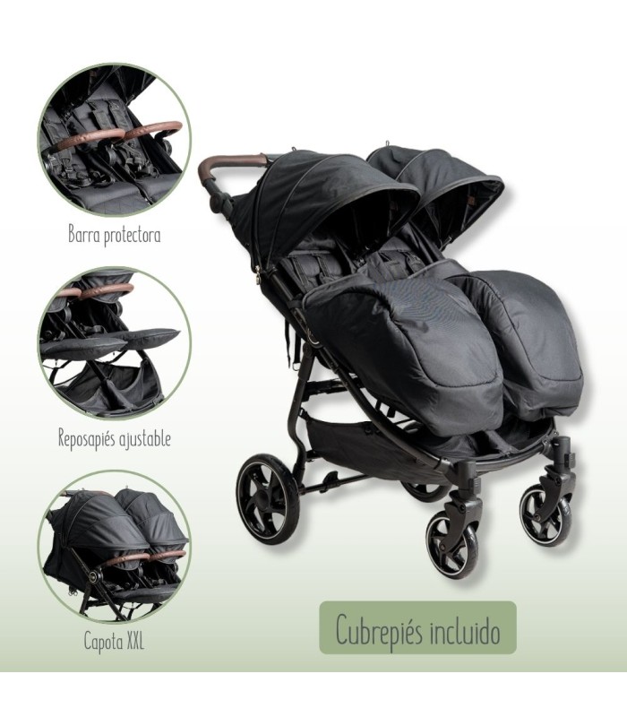 Silla gemelar VentTwin + Niu negra con asientos paralelos, capotas extensibles, cestilla inferior y cubrepiés acolchados.