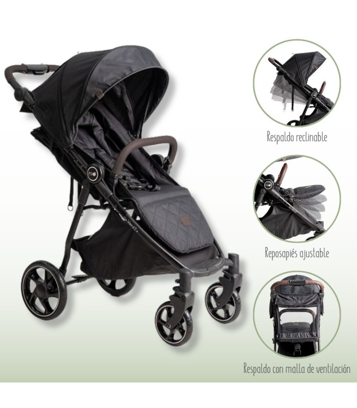 Silla de paseo VentT+ Niu gris oscuro con chasis negro, capota extensible, cesta inferior y opciones de reclinado y plegado.