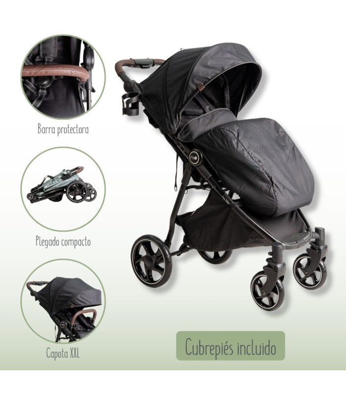 Silla VentT+ Niu gris oscuro con chasis negro, capota XXL, barra de cuero marrón, saco cubrepies y plegado compacto.