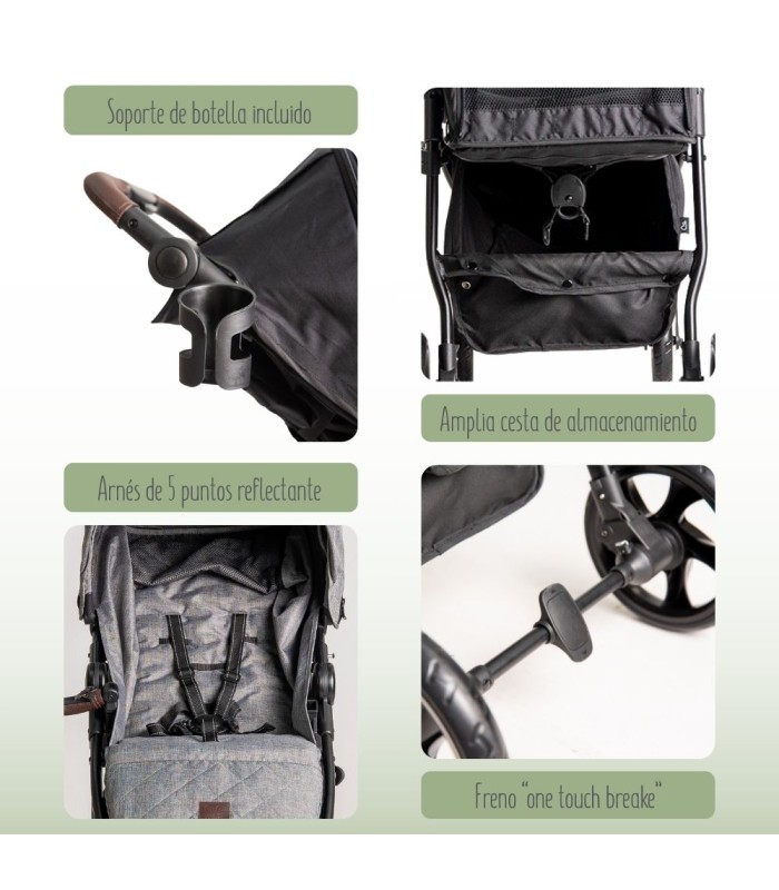 Silla VentT+ Niu con manillar de cuero, portavasos, cesta portaobjetos, arnés de cinco puntos y freno de pie integrado.