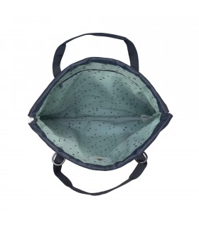 La mochila Tyve String Lässig azul marino abierta muestra un forro claro estampado, compartimento amplio y asas negras.