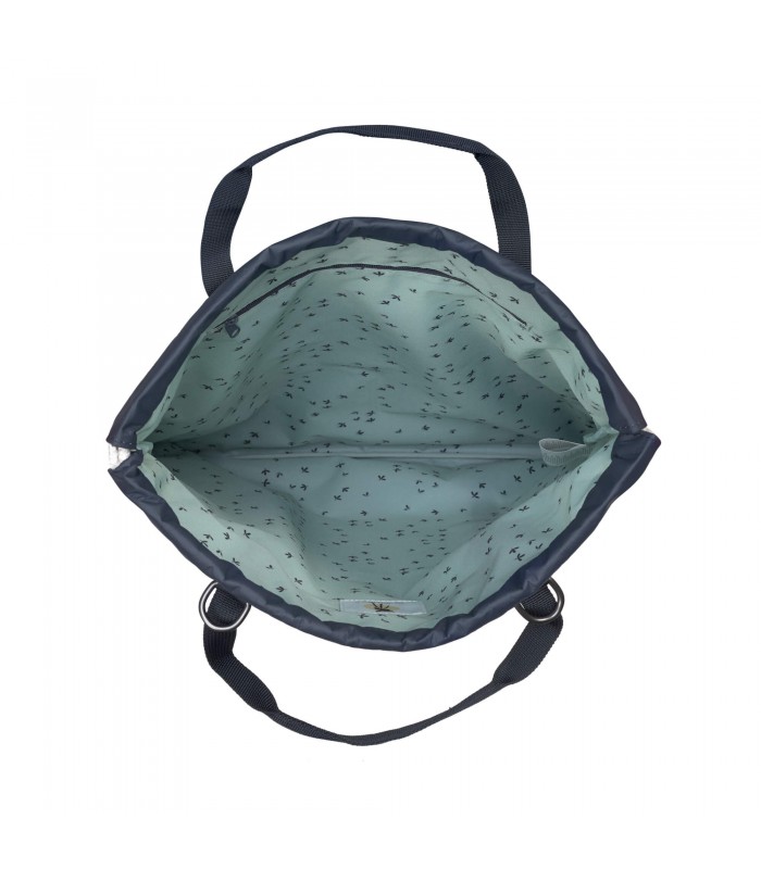 La mochila Tyve String Lässig azul marino abierta muestra un forro claro estampado, compartimento amplio y asas azul oscuro.