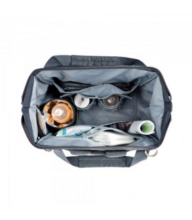 Bolso Glam Goldie gris oscuro abierto por arriba, con amplio interior organizado y bolsillos para accesorios de bebé.