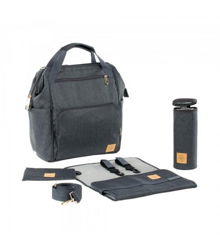 Bolso mochila Glam Goldie de Lässig en gris oscuro con cambiador, neceser y portabiberón térmico a juego.